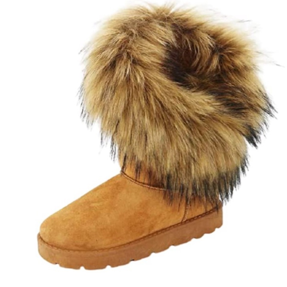 Asymmetrical Tan Faux Fur Boots - Picture 6 of 9